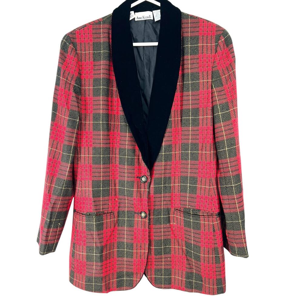 Vintage 90's Anne Klein 10 Blazer Jacket Plaid Velvet Holidays Lauren Christmas